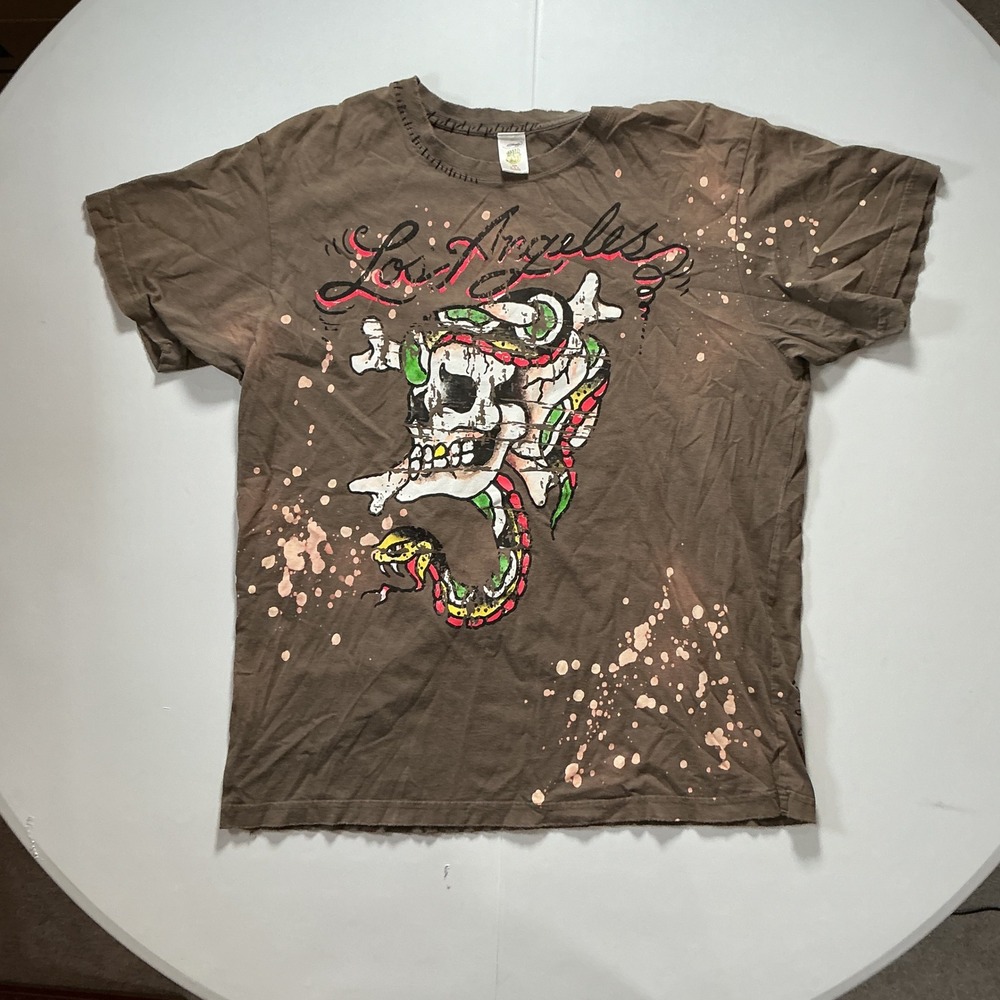 VTG Y2K Ed Hardy Graphic Brown Bleach AOP Splatter Skull Tattoo T Shirt XXL